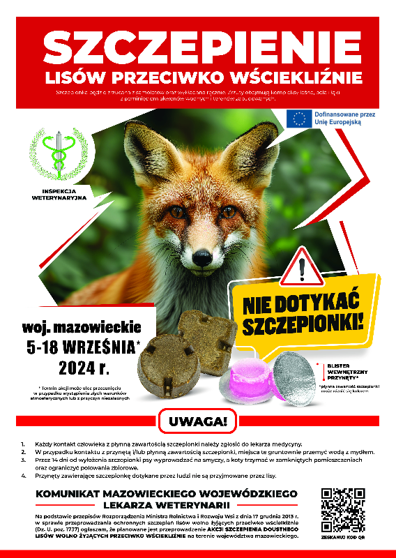 Plakat informacyjny o akcji szczepień lisów przeciwko wściekliźnie w województwie mazowieckim